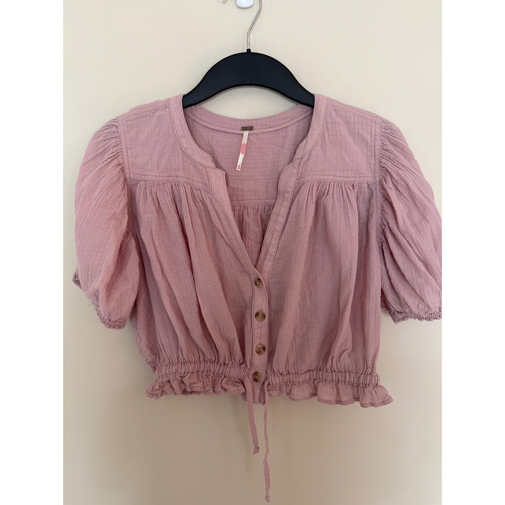 Free People Mauve Pink Gauze Button Front Smocked Ruffle Crop Top XS
